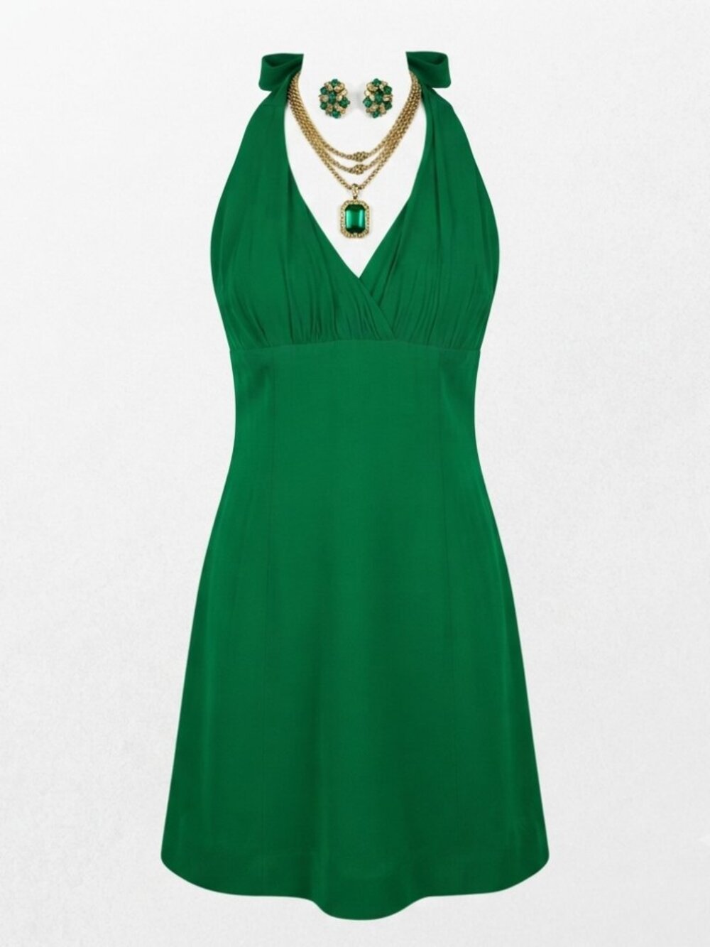 Vintage Kelly Green Halter Dress Size 12 Pleated Bodice Made in Canada